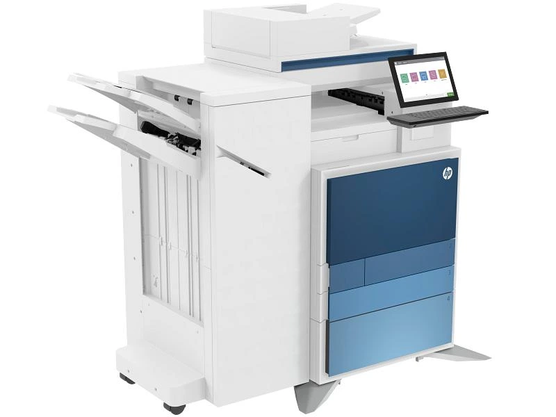 HP Color LaserJet Managed MFP E877 Series shown with a particular accessory configuration